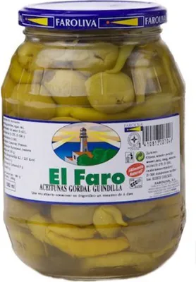 Produktbild von El Faro Eingemachte grüne Dicke Oliven mit ganzer Peperoni 350g