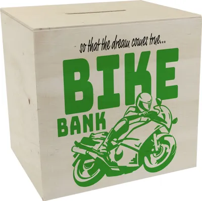 Produktbild von Bike Bank Spardose aus Holz in grün zum Thema Motorradkauf und Motorrad fahren