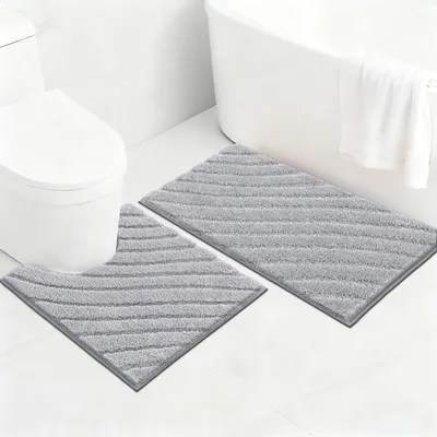 Image de Lot de tapis de bain, 2 pièces, tapis de bain antidérapant, tapis de bain moelleux, tapis de douche absorbant, lot de tapis de bain lavables, gris clair, 45 x 65 + 50 x 60 cm