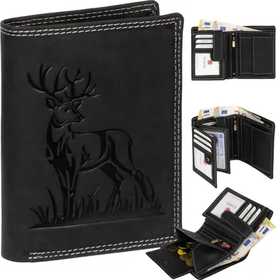 Produktbild von RFID Büffel Echt Leder Geldbörse Portemonnaie Herren mit geprägtem Motiv Schwarz Hochformat Hirsch