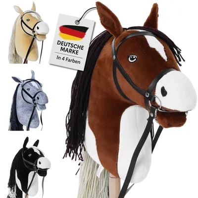 Produktbild von Hoofly® Hobby Horse Braun (Schecke) - Großes Steckenpferd für Kinder A3 mit Schraubstab/Hobby Horse Pferde Set mit Trense