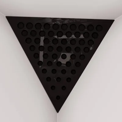 Immagine prodotto di Confezione da 2 – Bass trap per angoli del soffitto "Triangle-F" | Schiuma acustica piramidale con pannello HDF laminato e rivestimento in tessuto [ROUNDS - Plastica nera | Nero]