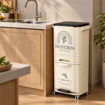 Produktbild von Mobiler Mülleimer mit 3 Ebenen, Großer Haushaltsmülleimer, Abfalltrennung, Hoher Kunststoffabfalleimer 44L Beige 82.5*34.5*29.5 cm【LJTDD177】