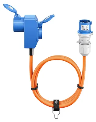 Produktbild von CEE-Adapterleitung, CEE-Stecker auf 90° CEE-Kupplung und Schutzkontakt-Kupplung, 1,5 m Campingkabel für Außenbereiche, 16 A / 230 V