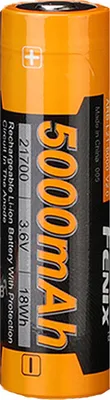 A close-up studio shot of a single Fenix 21700 rechargeable lithium-ion battery.