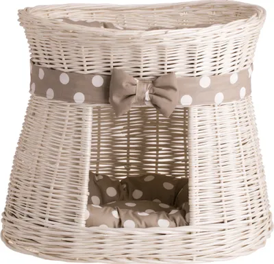 Zdjęcie produktu dla Owalna budka dla kota w kolorze beżowym / Wiklinowy kosz dla kota z dwoma piętrami i poduszkami / Wieża dla kota 50X40 H45 CM