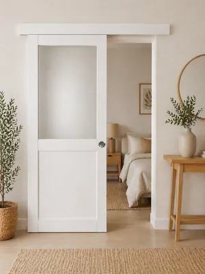 Immagine prodotto di Porta scorrevole Athena bianca H204 x L93 cm, binario in alluminio bianco, conchiglie Gd Menuiseries