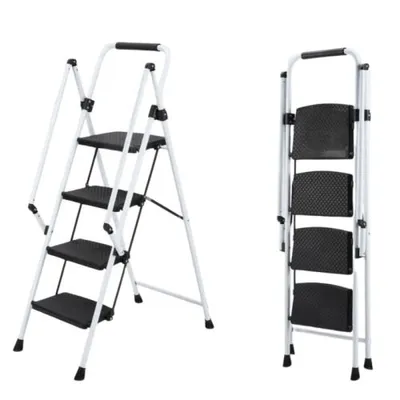 Produktbild von Klappbare Stehleiter 4/5 Stufen, Haushaltsleiter bis 150 kg, breite Anti-Rutsch-Stufen, Sicherheitsgriff, Stahl, Weiß