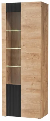 Produktbild von Vitrine "Heron" in Eiche Nachbildung mit Schwarz, Vitrinenschrank mit Push-To-Open und Beleuchtung, 70 x 192 cm