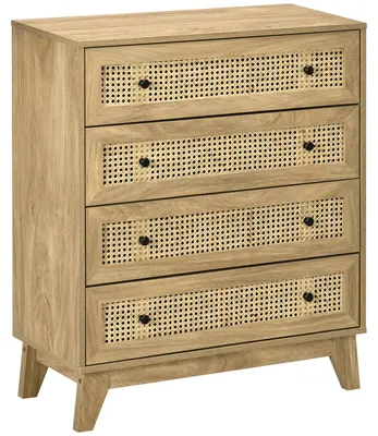 Image de Commode - Meuble de rangement - Coffre - Armoire - 4 tiroirs - Façade en MDF avec motif en rotin - Dimensions : 80 x 35 x 95 cm