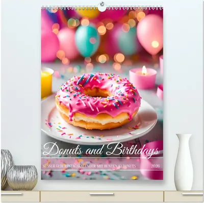 Produktbild von Donuts and Birthdays, süßer Geburtstagskalender mit bunte KI Donuts (hochwertiger Premium Wandkalender 2026 DIN A2 hoch), Kunstdruck in Hochglanz