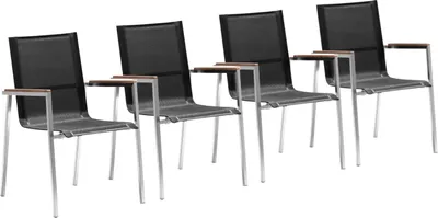 Four black outdoor chairs with silver frames and brown armrests are arranged in a row against a white background.