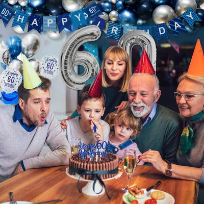 Zdjęcie produktu dla Dekoracja urodzinowa 60-te Urodziny Mężczyzn z Balonami Niebiesko Srebrnymi - Baner Urodzinowy - Balon Foliowy - Balon Konfetti - 60 Lat Wielokrotnego Użytku