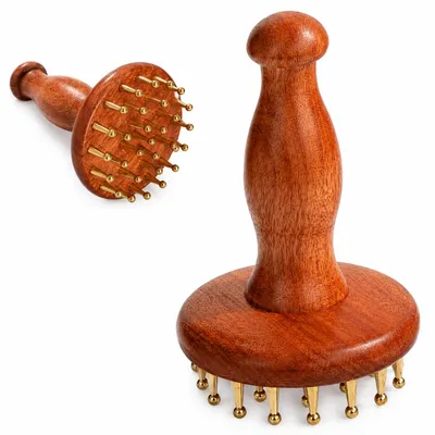 Produktbild von Holz Meridian Massagekamm mit Messingstiften, Ganzkörper Gua Sha Bürste für Kopf & Bauch, Akupressur-Massagegerät zur Förderung der Durchblutung