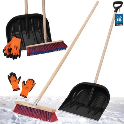 Produktbild von Famanu Schneeschaufel Set - Winterwerkzeug mit Handschuhen - 137 cm Stiel