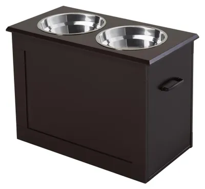 Obrázek produktu pro PawHut Miska pro psy s úložným prostorem, 2 misky, krmítko, miska pro kočky, barva Espresso