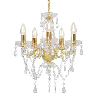 Image de Lustre "Arnschwang" en métal (base de la lampe) + acrylique (perles) en doré (base de la lampe) + transparent (perles). Dimensions (L/H) 38x48 cm
