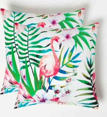 Produktbild von HOMESCAPES Gartenkissen Flamingo mit Blumen – 2er-Set Outdoor Kissen 45 x 45 cm