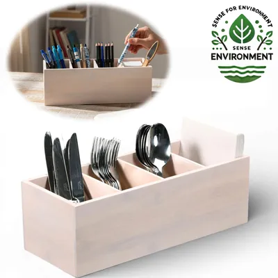 Produktbild von LS-LebenStil XL Landhaus Holz Aufbewahrungsbox 34cm 4 Fächer Cutlery Besteck-Korb Aufbewahrung Organisation Küchen-Organizer Stiftehalter Stiftebox