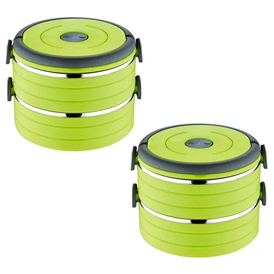 Immagine prodotto di Set da 2 contenitori per il pranzo, verde, con 2 scomparti. Contenitori in acciaio inossidabile per il pranzo, la colazione o per trasportare cibo. Contenitori ermetici, a prova di perdite