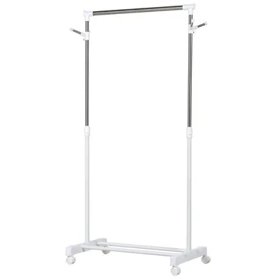 Produktbild von Kleiderständer – Garderobenständer – höhenverstellbarer Kleiderständer – mit Ablagefach und 4 Rollen – 68,5 x 42 x 87–145 cm – weiß
