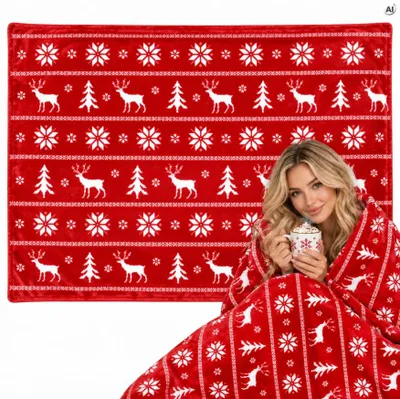 Produktbild von Weihnachtsdecke Flanell 150x200 cm Rot mit Rentieren – Kuscheldecke 280 g/m²