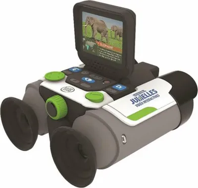 A toy electronic binocular device with a screen displaying elephants.