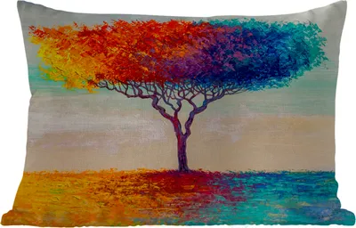 Produktbild von MuchoWow® Outdoor Kissen - Gemälde - Baum - Ölfarbe - Regenbogen - 60x40 cm - Wetterfest - Lounge Kissen - Zierkissen - Kissen für Innenräume