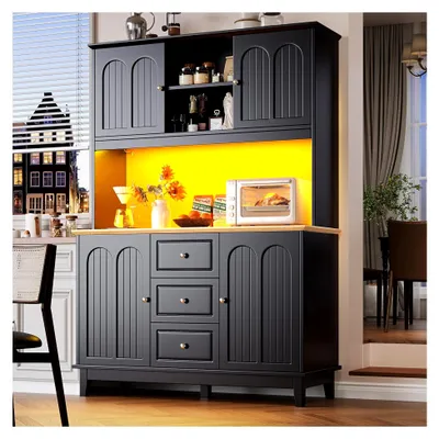 Produktbild von Hochschrank mit Arbeitsplatte 120×40×180cm, Buffetschrank mit 4 Türen, 3 Schubladen und offenen Ablageflächen, Mehrzweckschrank mit Kippschutz