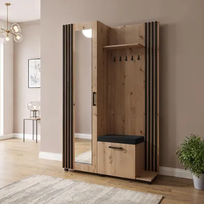 Produktbild von Garderoben-Set im Skandi-Stil mit Spiegel, Sitzbank, Schuhablage & Haken – Flurgarderobe 137 cm in Schwarzen Lamellen-Optik mit Ablage und Stauraum – Eiche Artisan – Rechts