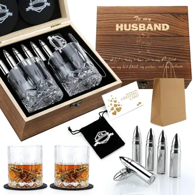 Immagine prodotto di Set di bicchieri per whisky con pietre di acciaio inossidabile e scatola in legno | 2 bicchieri e pinzette | Raffredda senza diluire | Idea regalo per uomini
