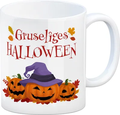 Produktbild von Gruseliges Halloween Kaffeebecher mit grinsenden Kürbissen