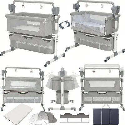 Produktbild von Faltbares Baby-Beistellbett, multifunktionales Babybett, höhenverstellbarer Stubenwagen mit Matratze, hellgrau