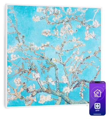 Produktbild von Klarstein Infrarotheizung mit Thermostat, 350W Elektroheizung, Smart Home Bild-Infrarotheizung zur Wandmontage, IR mit IoT/WiFi App-Control, Feuchtraum Heizkörper CO2-Frei, Elektro Wand Heizung 60x60