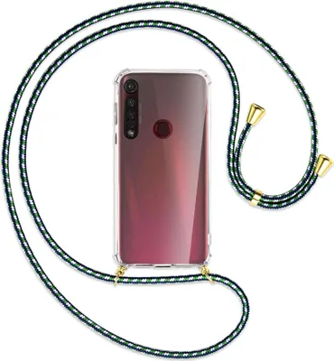Produktbild von Handykette Backcover-Schutzhülle mit Band (Metall goldfarben) für Motorola Moto G8 Plus - grün/blau/weiß
