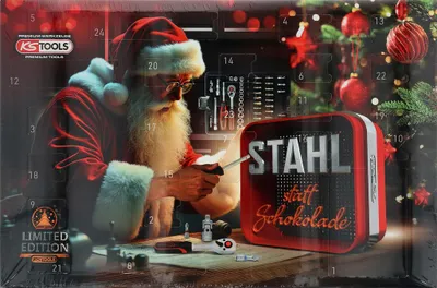 Santa Claus is assembling tools from a Christmas advent calendar.