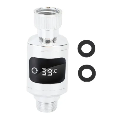 A digital shower thermometer with a display showing the water temperature.