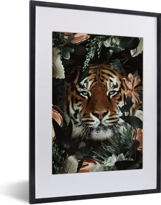 Produktbild von MuchoWow® MuchoWow® Gerahmtes Poster Tiger - Botanisch - Blumen 30x40 cm - Poster mit zchwarzem Bilderrahmen - Wandposter Schlafzimmer