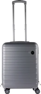 A silver suitcase with a retractable handle and wheels, shown from the front.