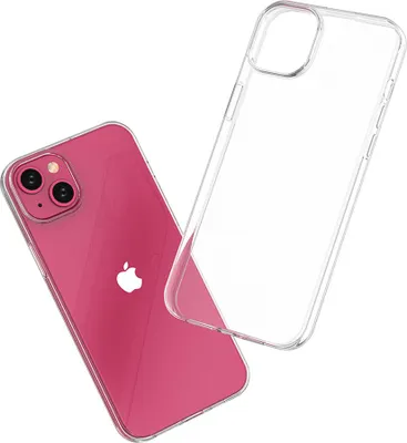 A pink iPhone and a clear phone case are shown against a white background.