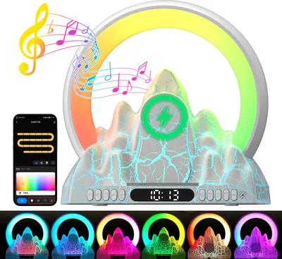 Produktbild von Nachtlicht Nachttischlampe mit 15W Ladefunktion und Bluetooth Lautsprecher Dimmbares 7-Farben Sunset Lamp mit Einschlafhilfe durch weißes Rauschen