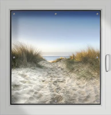 Produktbild von Wallario Lichtschutzbild, Dekorativer Sichtschutz Sonnenschutz 96 x 100 cm mit Motiv: Weg durch die Dünen zum Strand am Meer - Verdunklung ohne Bohren