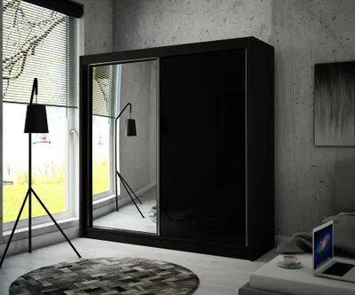 Produktbild von Kleiderschrank Velen mit Kleiderstange, Regale, Spiegel, Schiebtürenschrank 120 / 150 / 200 cm (Breite: 200 cm, Farbe: Schwarz + schwarzes Hochglanz)