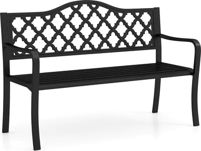 A black metal garden bench with a decorative backrest is shown against a white background.