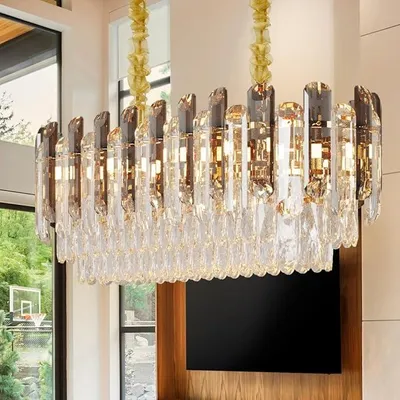Image de Lustre moderne en cristal de luxe : lustre ovale à 3 niveaux, finition or, 6 ampoules E14, idéal pour salon, couloir, chambre, salle à manger, hôtel, dimensions : 60 x 30 cm