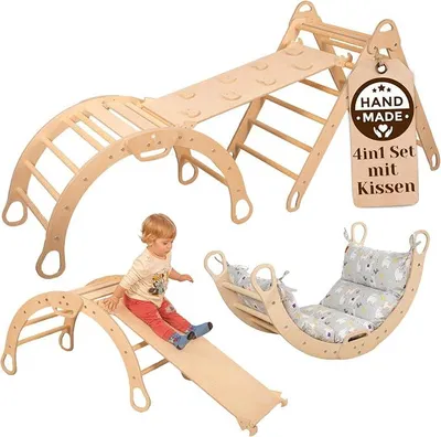 Imagen del producto de Silecomplaza Set: Gran estructura de escalada con cojines y triángulo de escalada 2 en 1: Tobogán interior/rampa de escalada | Estructura de madera Montessori para juegos en interiores | Zona de escalada para niños en interiores y zona de escalada para bebés