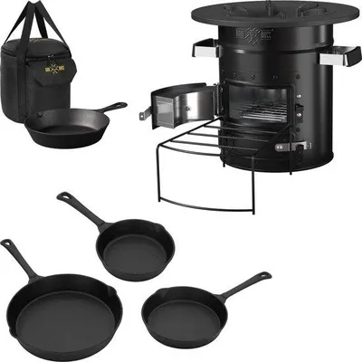 Zdjęcie produktu dla Grill kulisty w kolorze czarnym z patelnią do grillowania i 3-częściowym zestawem patelni wraz z czarną torbą transportową, zestaw do grillowania