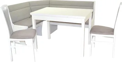 A white dining table with a gray upholstered corner bench and two matching chairs.