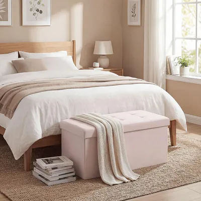 Produktbild von Klappbare Aufbewahrungsbank mit Leinensitz, 84 L Stauraum, 76x38x38 cm, Rosa