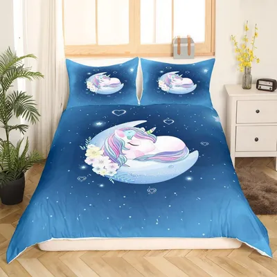 Produktbild von Bettwäscheset Kinder Einhorn Mond Druck Blau 135x200 cm Mikrofaser mit Reißverschluss